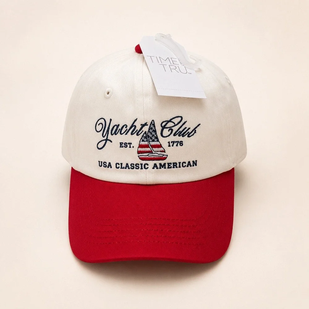 Time and Tru Yacht Club Baseball Cap Cream Red Nautical USA Classic American Hat